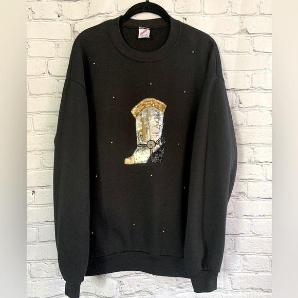 Vintage Jerzees Black Sweatshirt with Sequin Western Boot Design Size Large - Picture 7 of 7